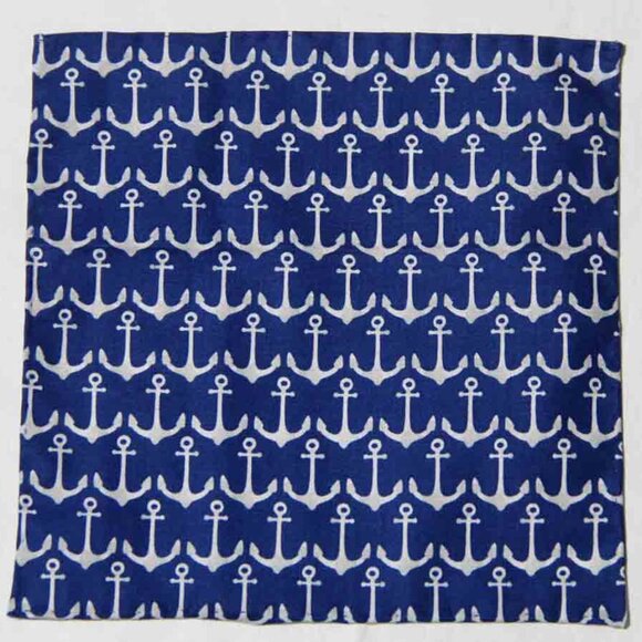 Gascoigne Hand Stitched Pocket Square Cotton Blue White Nautical Anchor Pattern - Picture 2 of 4